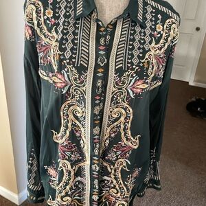 Johnny Was Forest Green Blouse with Vibrant Patterns